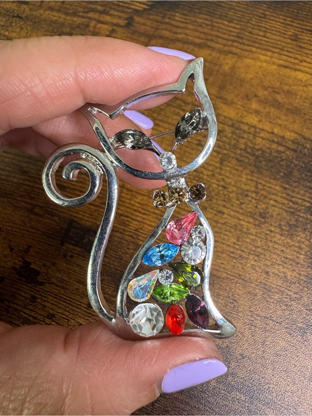 Silver Cat Brooch with Pink, Blue, Green and Red Crystal Accents